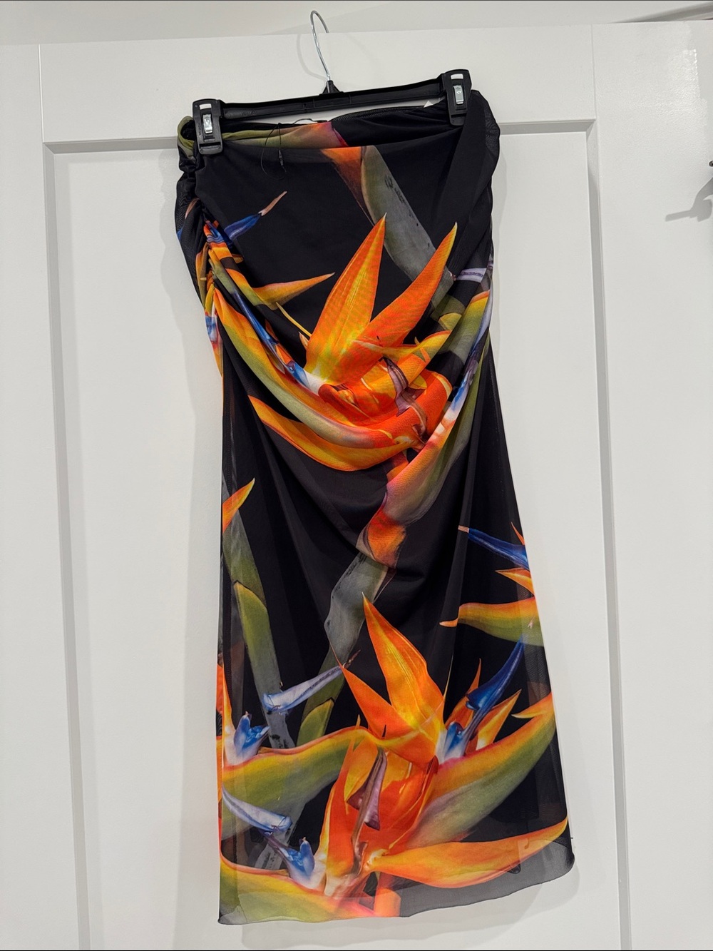 Zara Black Sarong with Bright Orange and Green Tropical Print